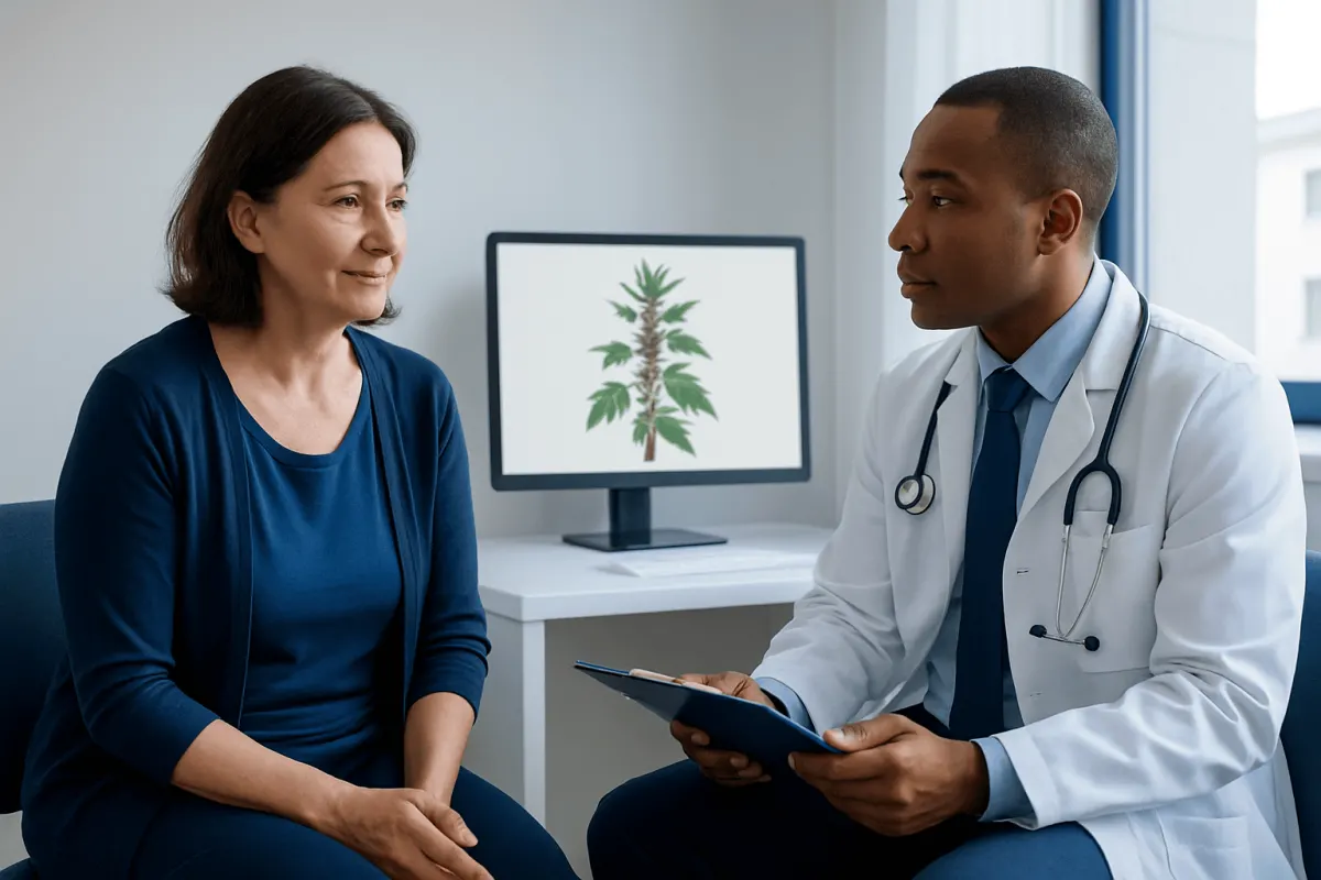 Doctor consulting with a patient in a medical office with a plant diagram on screen.
