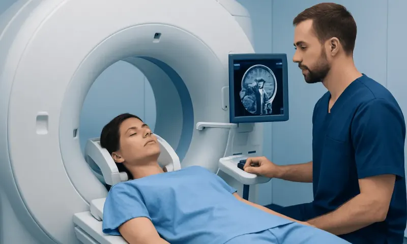 Patient undergoing MRI scan at Acibadem Hospital for brain examination.