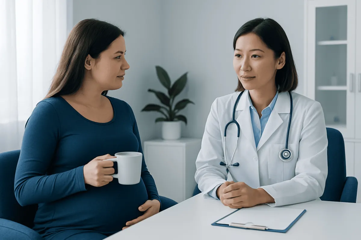 Pregnant woman consulting with a doctor in a medical office.