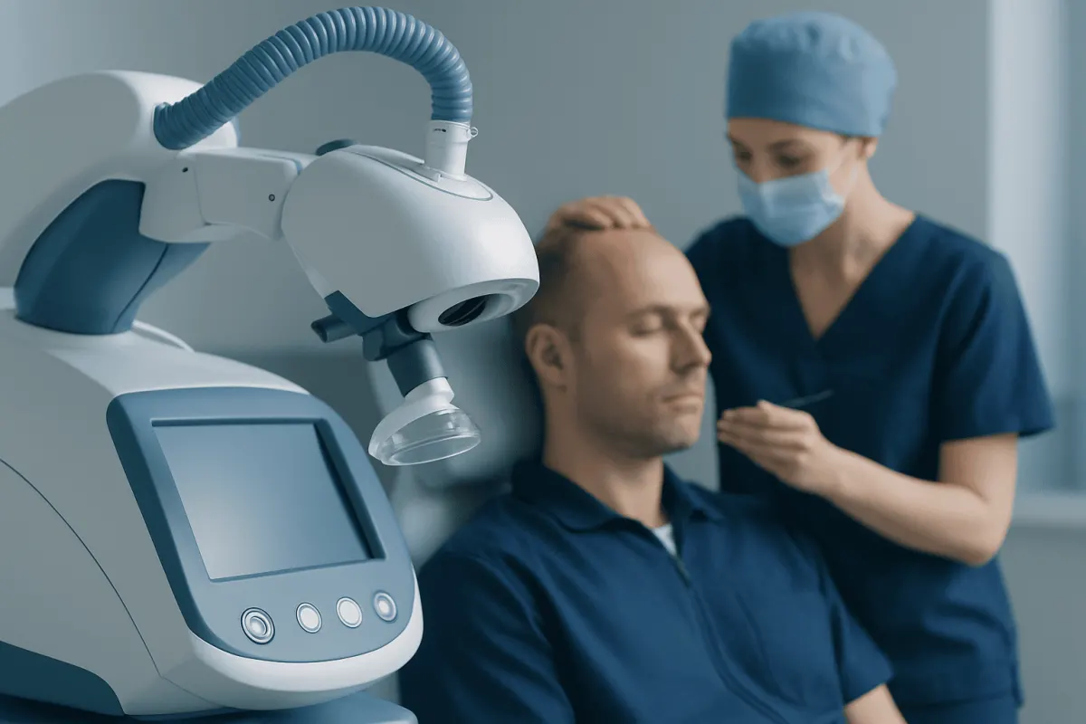 Hair transplant procedure with advanced medical equipment at Acibadem Hospital.