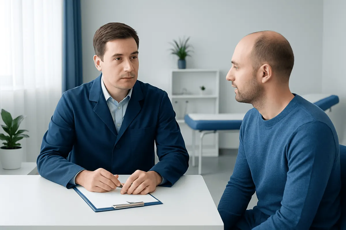 Doctor consulting with patient in a medical office setting.