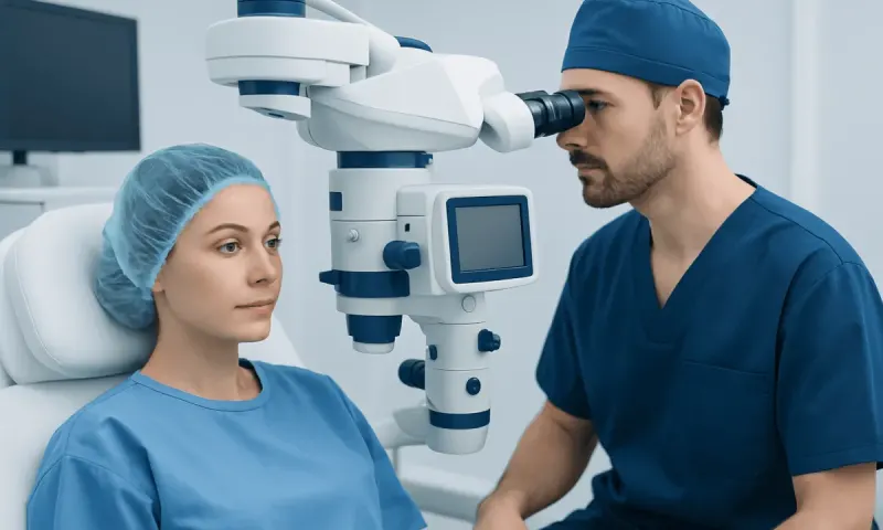 Ophthalmologist examines patient with a microscope in a clinical setting.