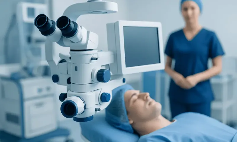 Medical professional using a microscope in a modern hospital setting.