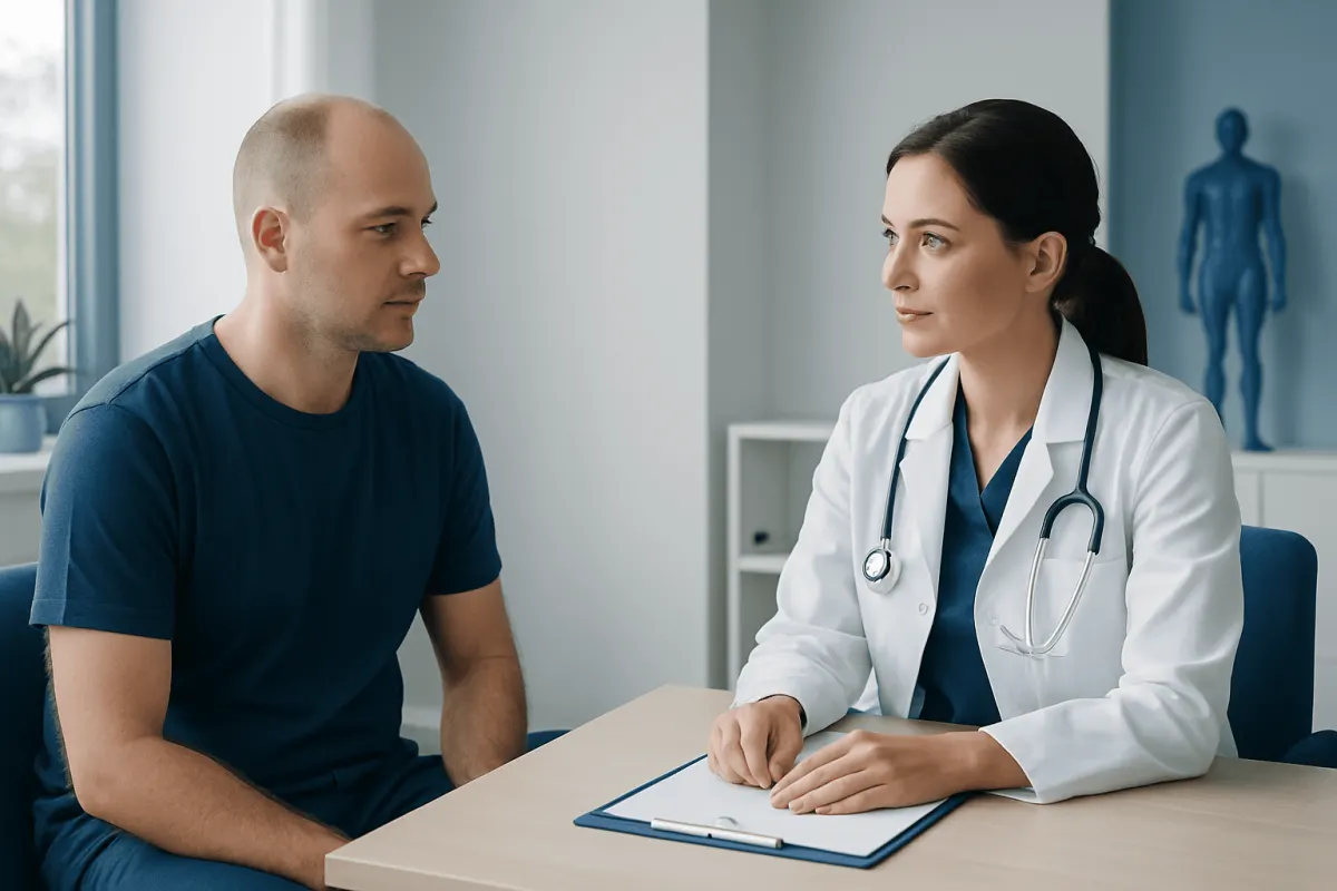 Doctor consulting male patient in a medical office setting.