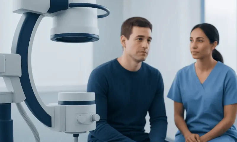 Patient undergoing dental or jaw examination with advanced imaging equipment.