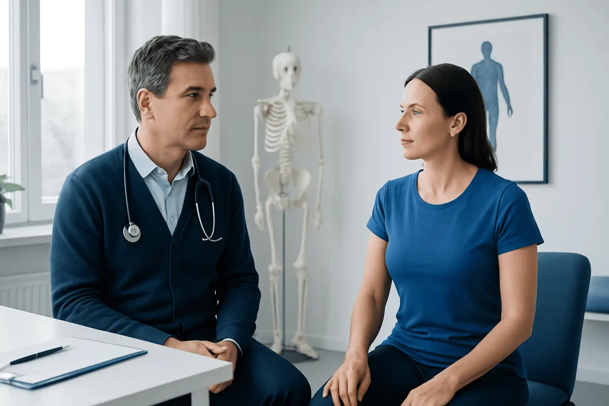 Doctor consulting with a patient in a medical office with skeleton model and anatomy chart.