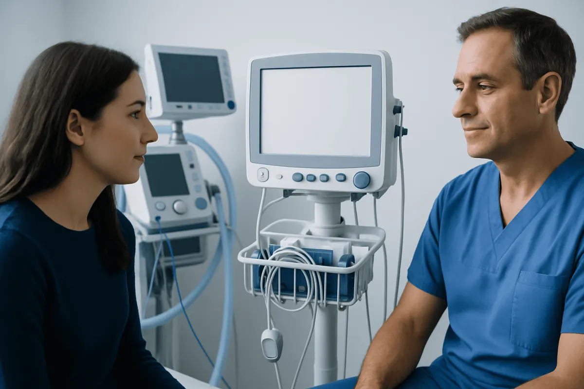 Doctor and patient in a medical consultation room with monitors and medical equipment.