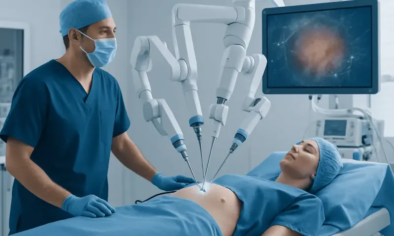 Surgeon performing nanotechnology surgery with robotic arms on patient.