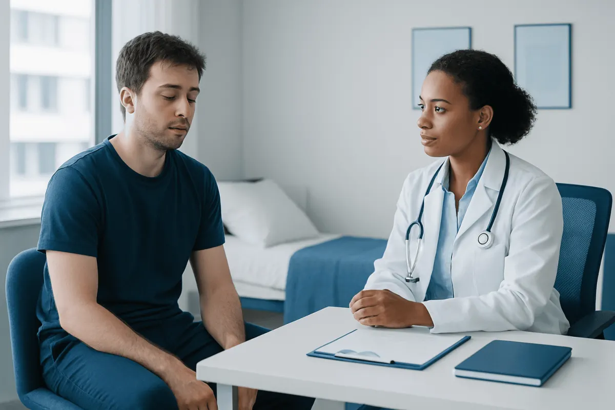 Doctor consulting with a young male patient in a medical office.