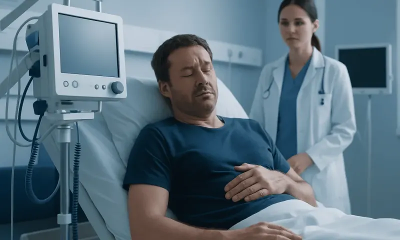 Patient in hospital bed with medical staff and monitoring equipment.