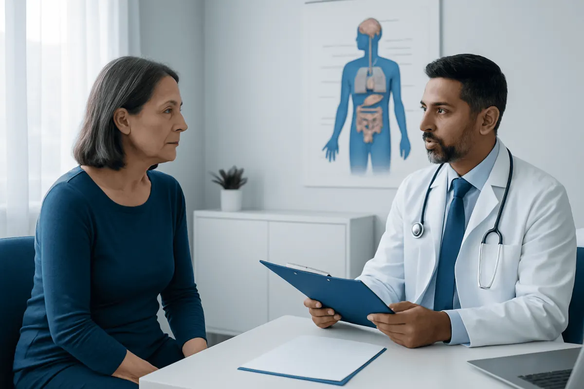 Doctor consulting with a patient about neuroendocrine cancer diagnosis.
