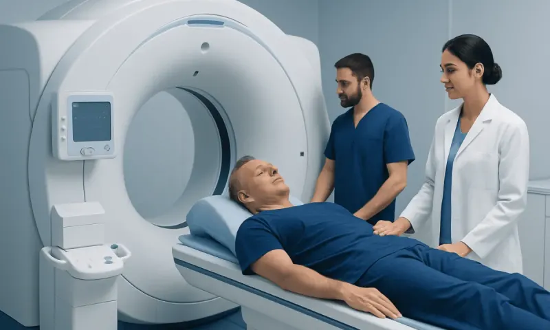 Patient undergoing PET scan in a modern medical facility at Acibadem Hospitals.