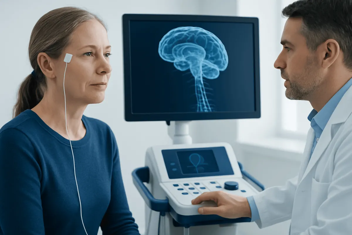 Doctor explains neuromodulation to patient with brain scan display.