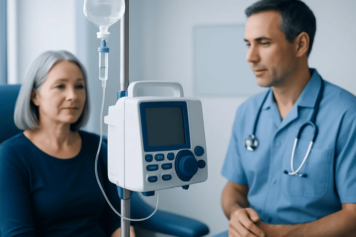 Doctor and patient in hospital room with medical equipment.