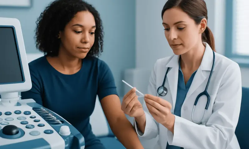 Doctor explaining contraceptive implant side effects to patient in clinic.
