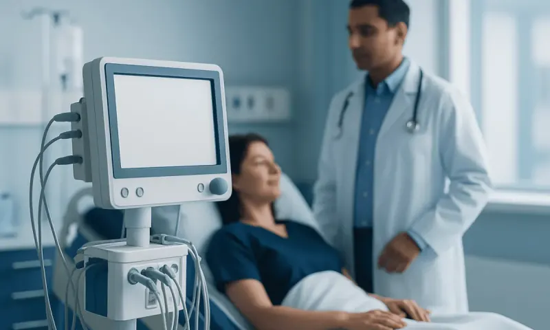 Doctor and patient in hospital room with medical monitor.