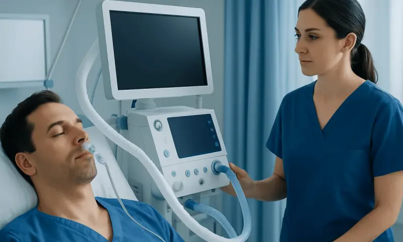 Patient receiving medical ventilation treatment in hospital.