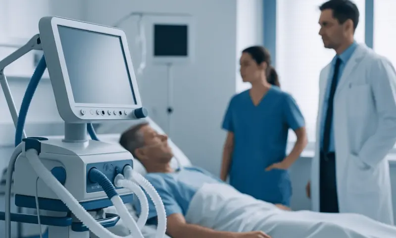 Hospital patient on ventilator with medical staff nearby.