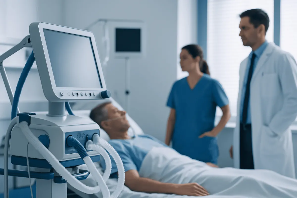 Hospital patient on ventilator with medical staff nearby.