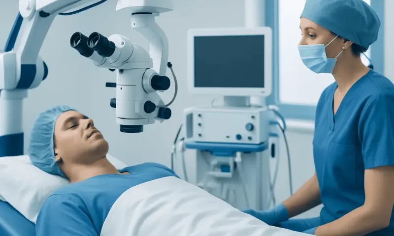 Surgeon preparing for a procedure with a patient in a hospital operating room.