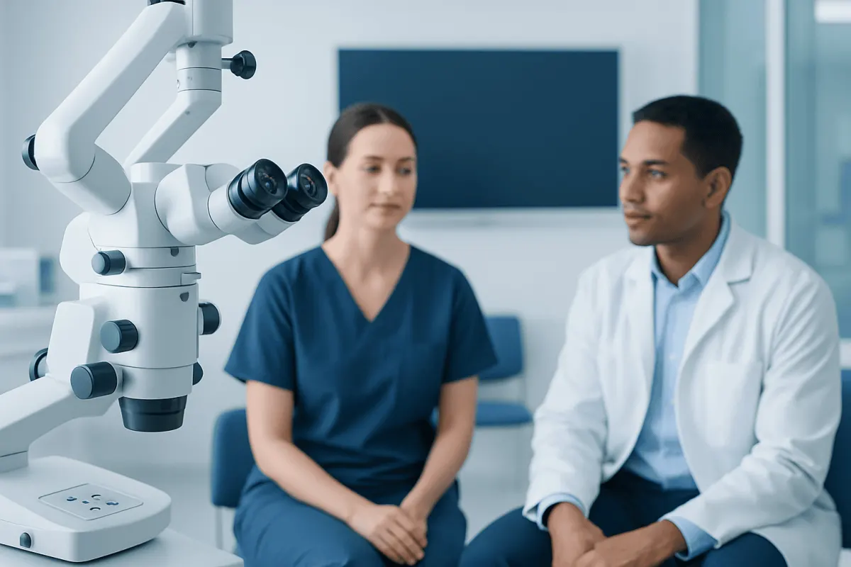 Medical professionals discussing cancer diagnosis with microscope in background.