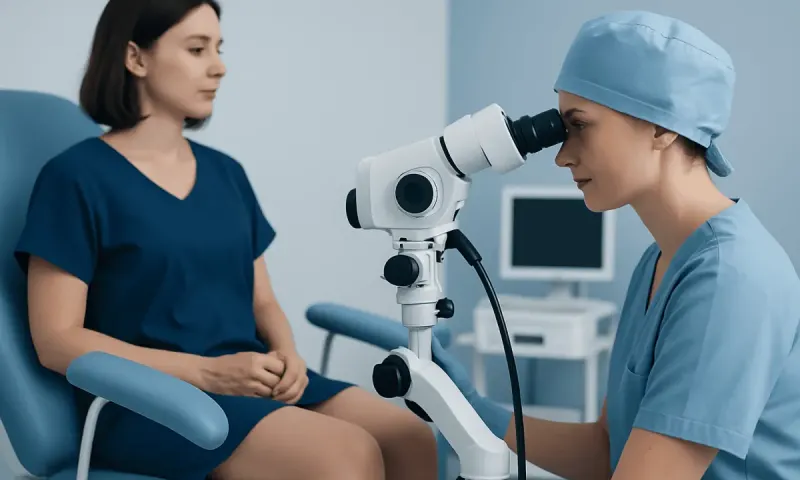 Gynecologist examining patient with microscope in clinic setting.