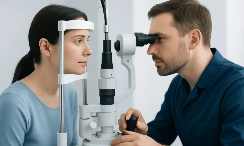 Optometrist performs eye examination using slit lamp on patient.