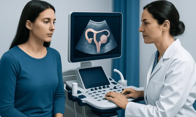 Doctor explains ovarian ultrasound scan to patient in clinic.