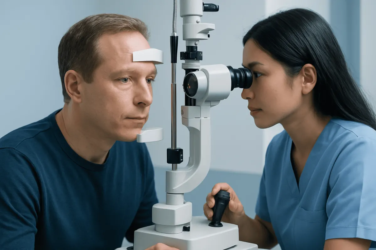 Eye examination using slit lamp at Acibadem Hospital.