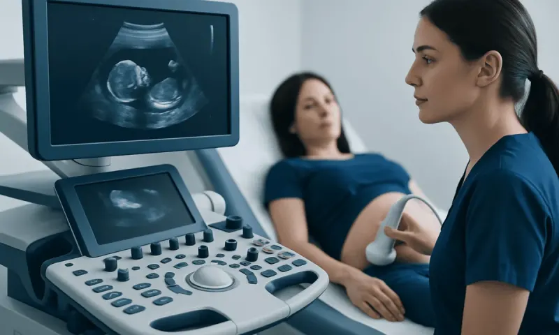 Medical professional performing ultrasound on pregnant woman at hospital.