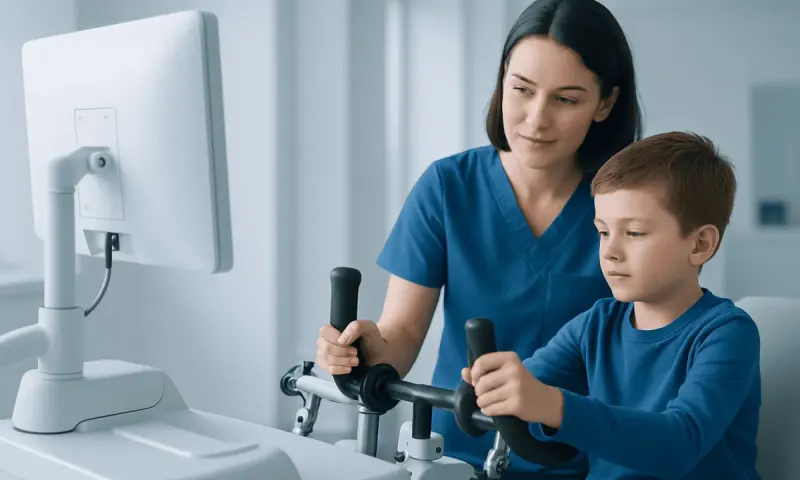 Child undergoing pediatric occupational therapy with a therapist at a hospital.