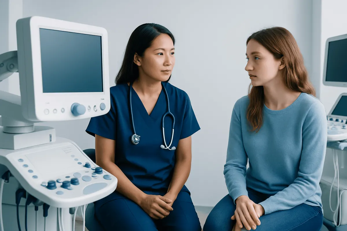 Doctor consulting with a patient in a medical examination room.