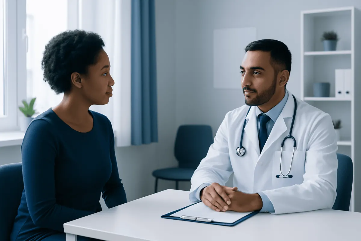 Doctor consulting with a female patient in a modern medical office.
