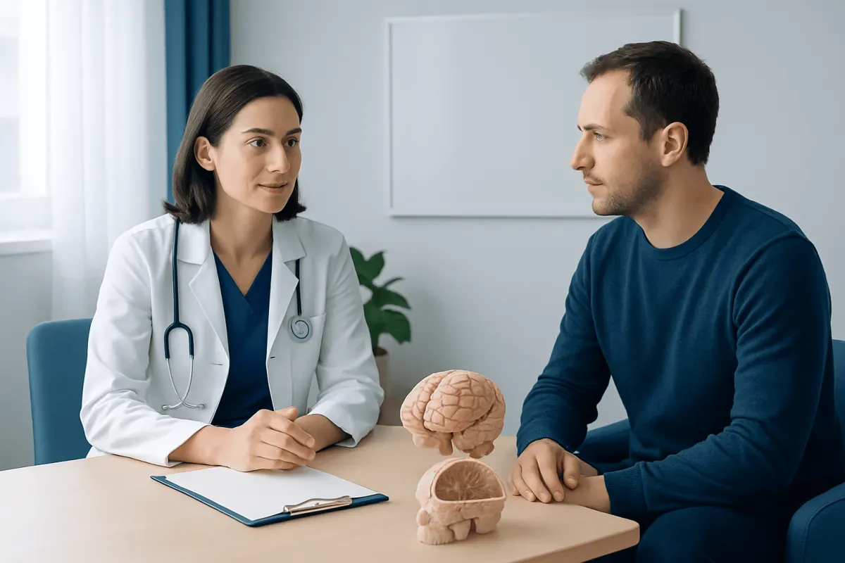 Doctor explaining brain anatomy to patient in consultation room.