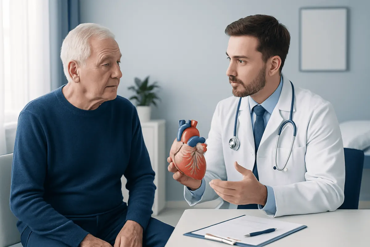 Cardiologist explaining heart health to elderly patient in clinic.