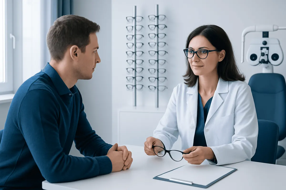 Optician consulting with a patient in an eye care clinic.