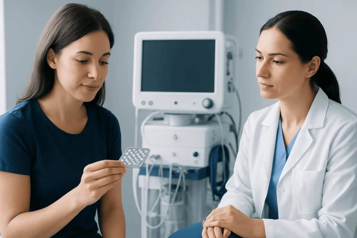 Woman consulting doctor about contraceptive pill use in clinic setting.