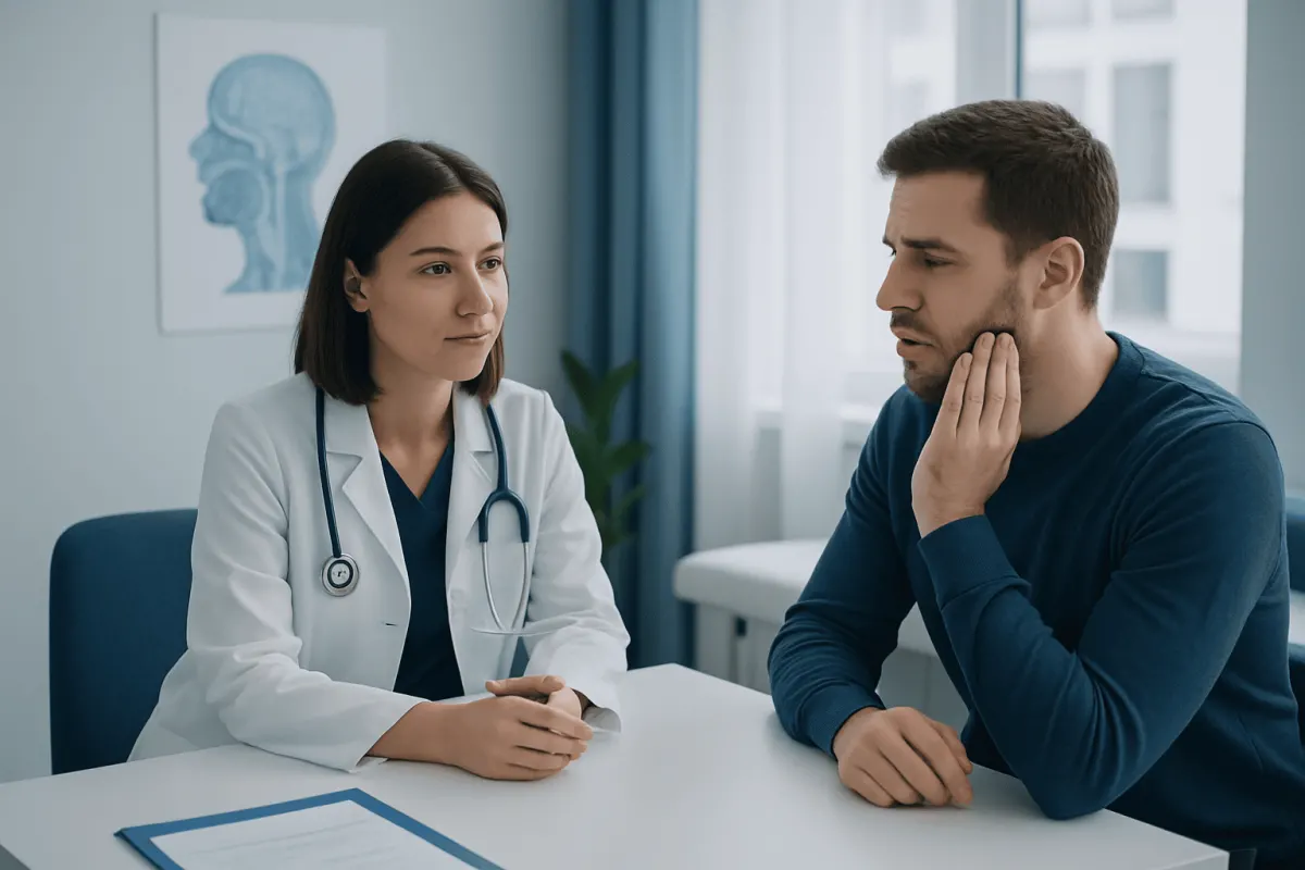 Doctor consulting with male patient about oral health concerns.