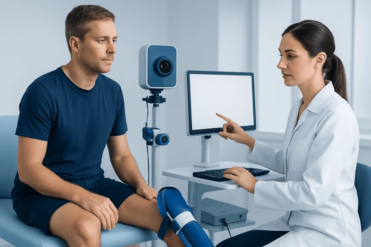 Doctor explains knee injury assessment to patient in a medical clinic.