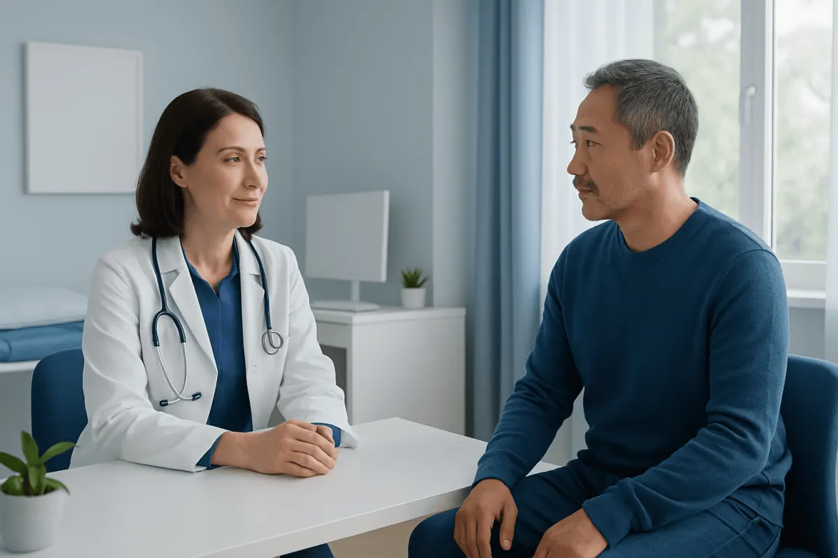 Doctor consulting with male patient in a medical office setting.
