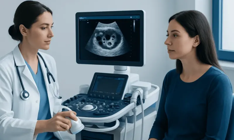 Doctor performing an ultrasound scan on a patient for ovarian examination.