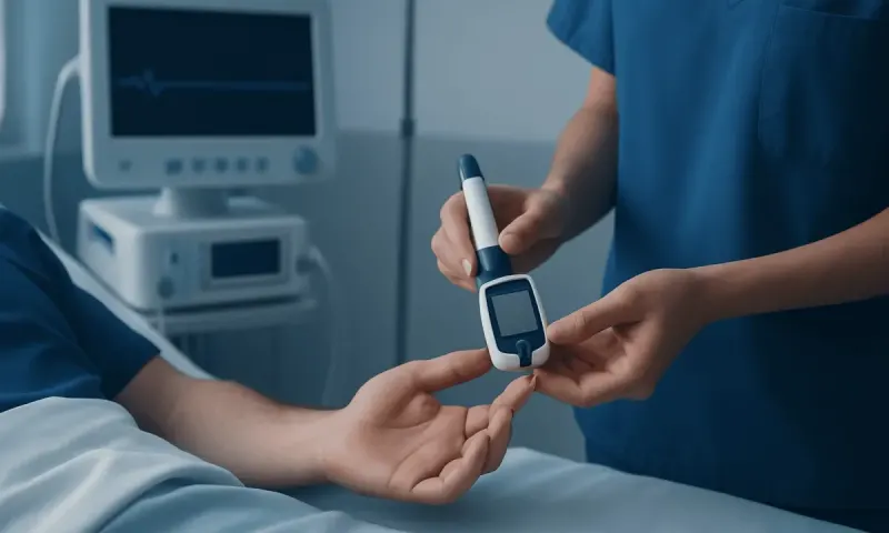 Healthcare professional testing blood sugar with a glucometer in a hospital setting.
