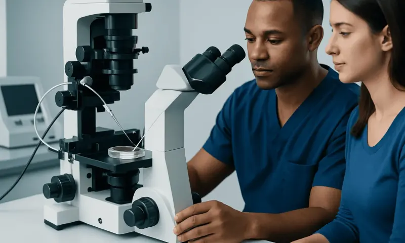 Medical researchers examining samples with a microscope in a laboratory setting.