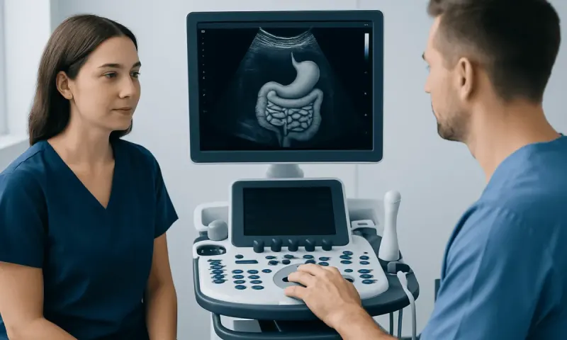 Medical consultation with ultrasound imaging of the abdomen and digestive system.