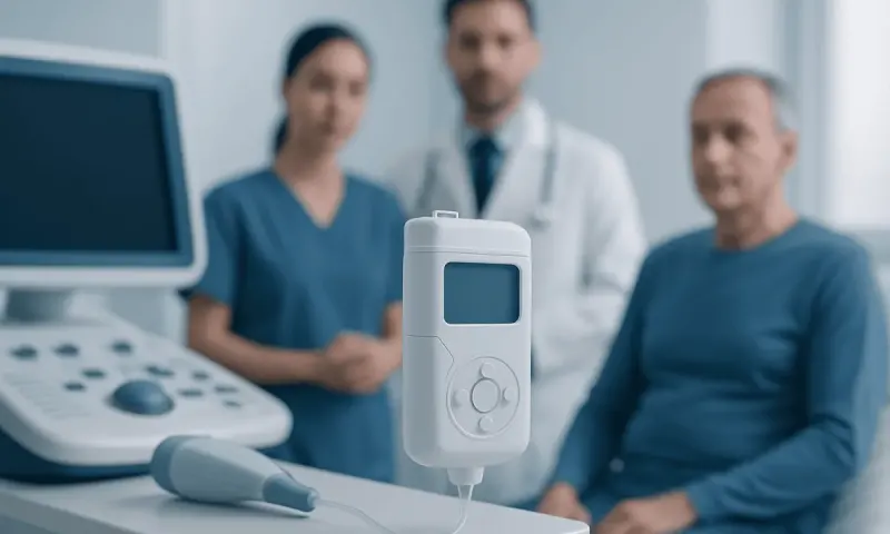 Medical device in a hospital setting with healthcare professionals in background.