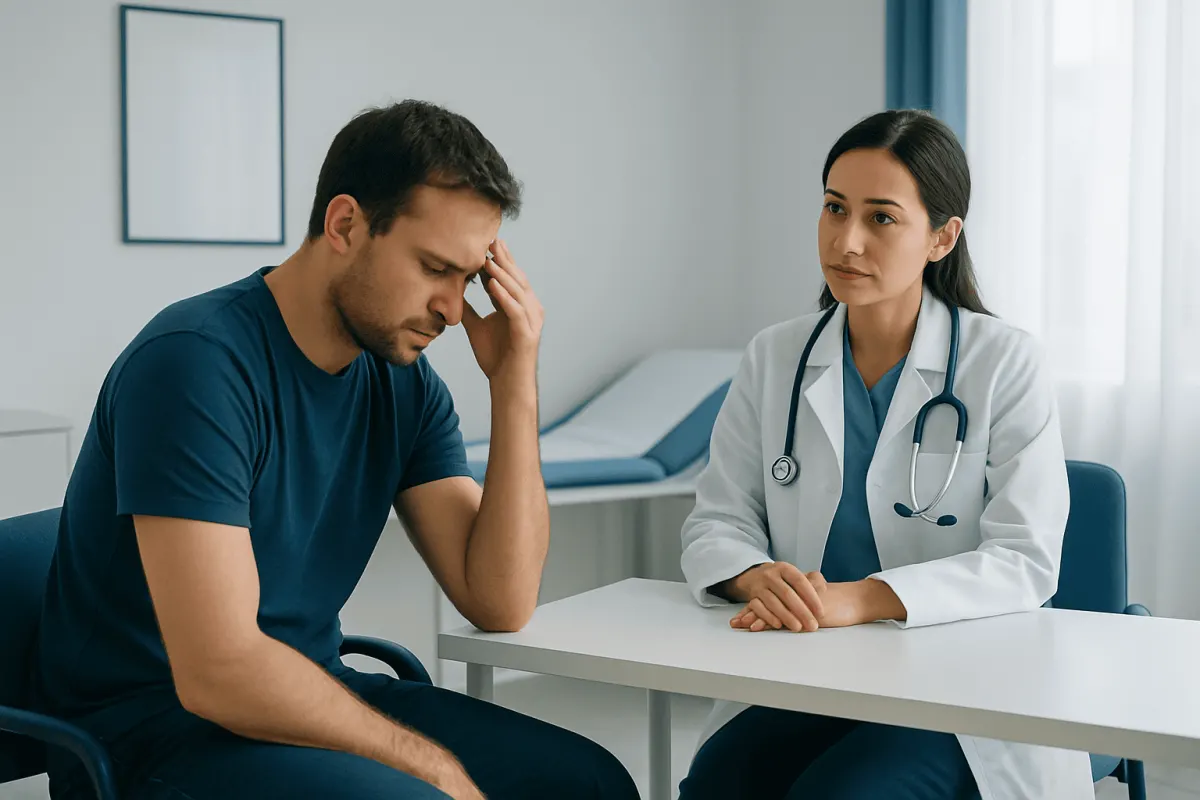 Patient consulting with doctor about health concerns in a medical office.