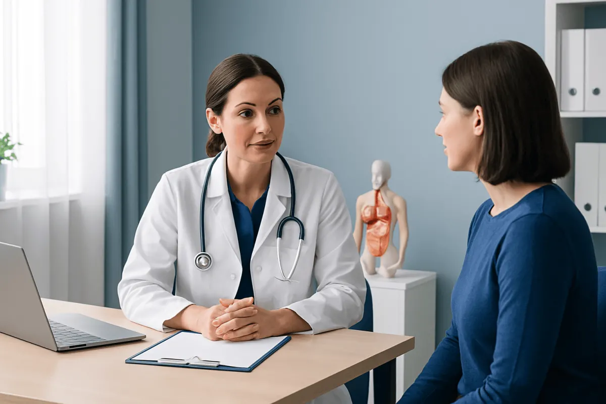 Doctor consulting with patient in a medical office with anatomical model.