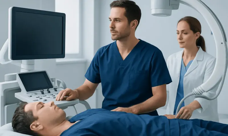 Medical professionals perform an ultrasound examination on a patient in a hospital.