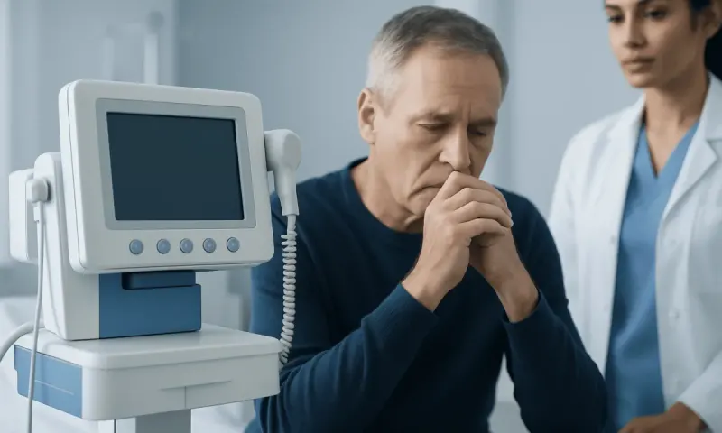 Elderly man experiencing symptoms of Parkinson's disease in a medical setting.