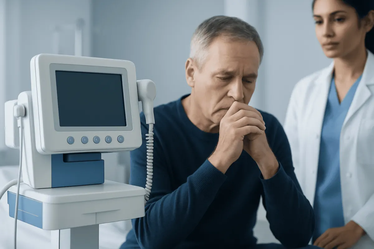 Elderly man experiencing symptoms of Parkinson's disease in a medical setting.